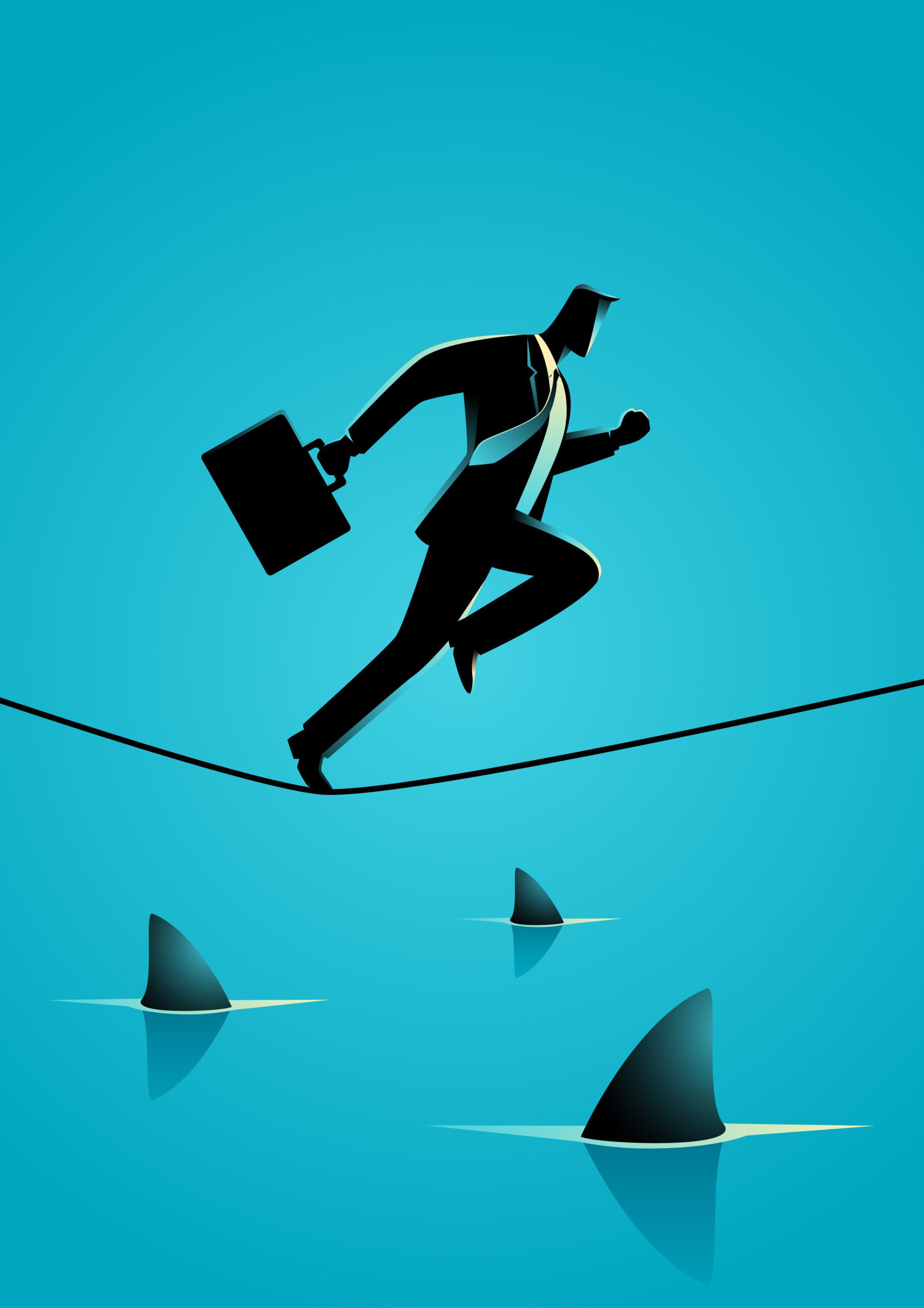 Man running on tightrope over shark-infested waters