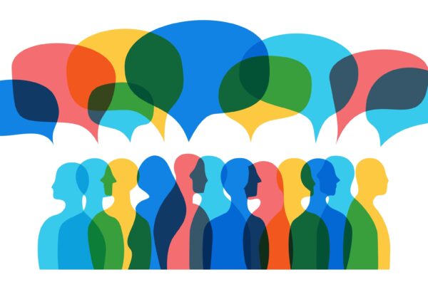 Illustration of a crowd of people talking with overlapping speech bubbles