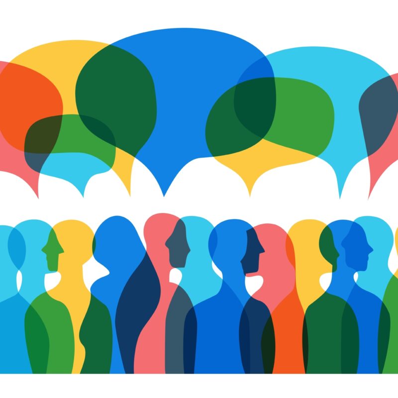 Illustration of a crowd of people talking with overlapping speech bubbles