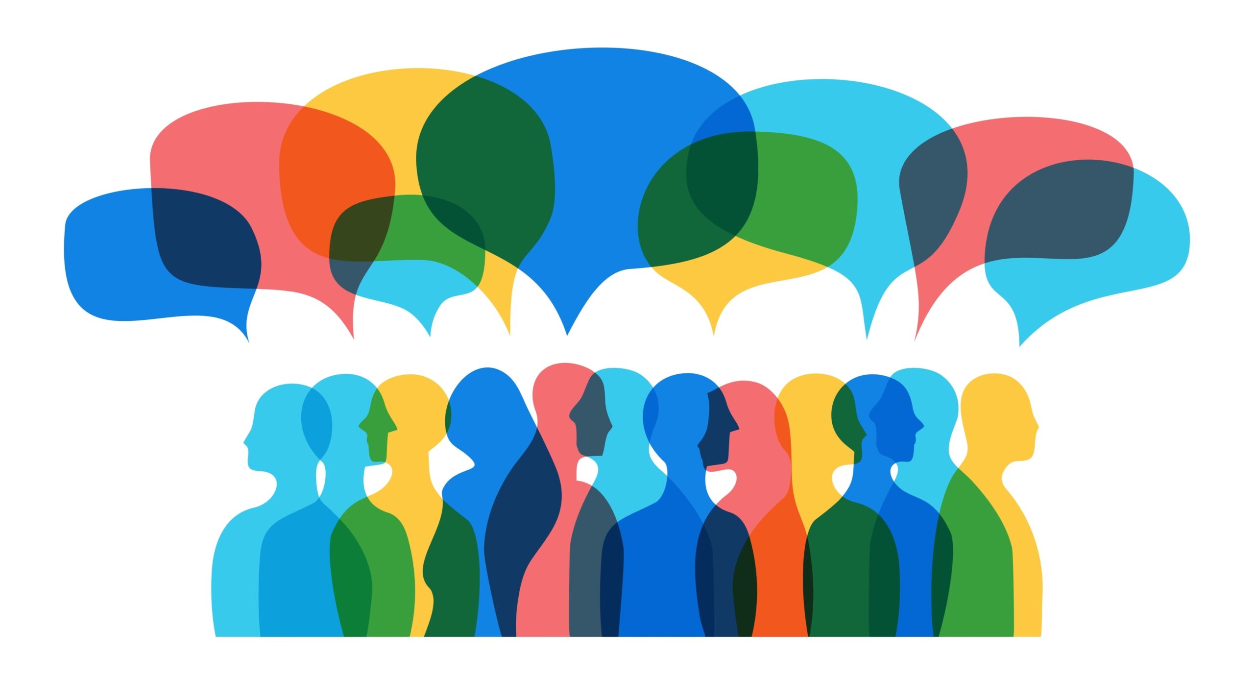 Illustration of a crowd of people talking with overlapping speech bubbles