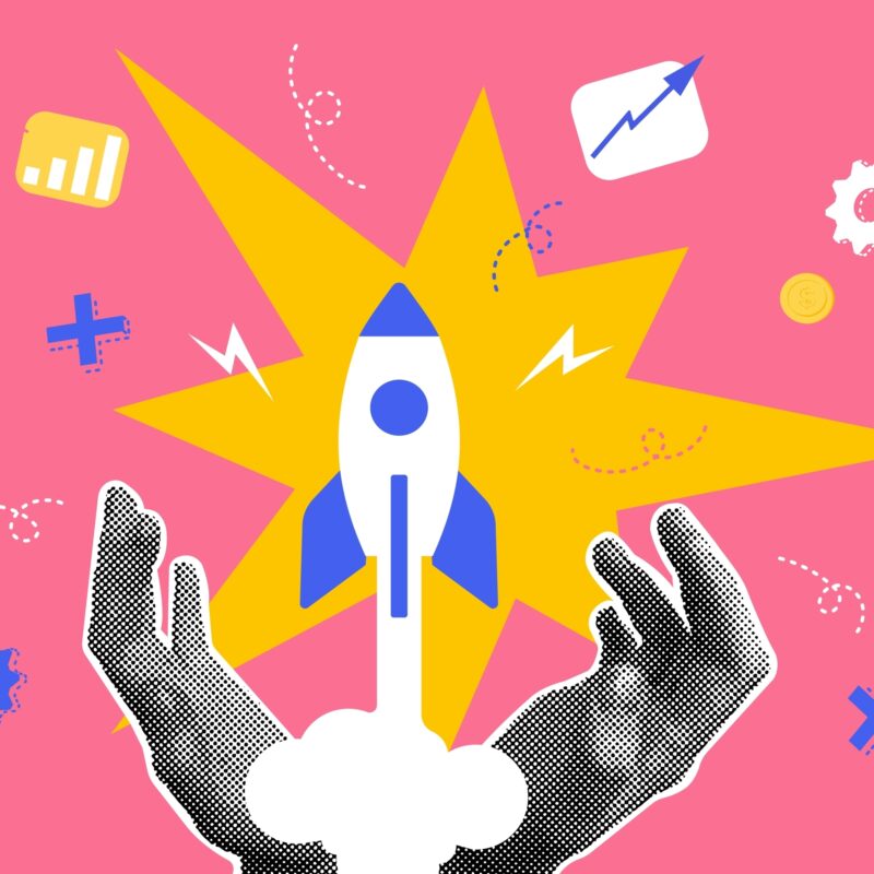 Rocket ship blasting off, surrounded by analytics symbols