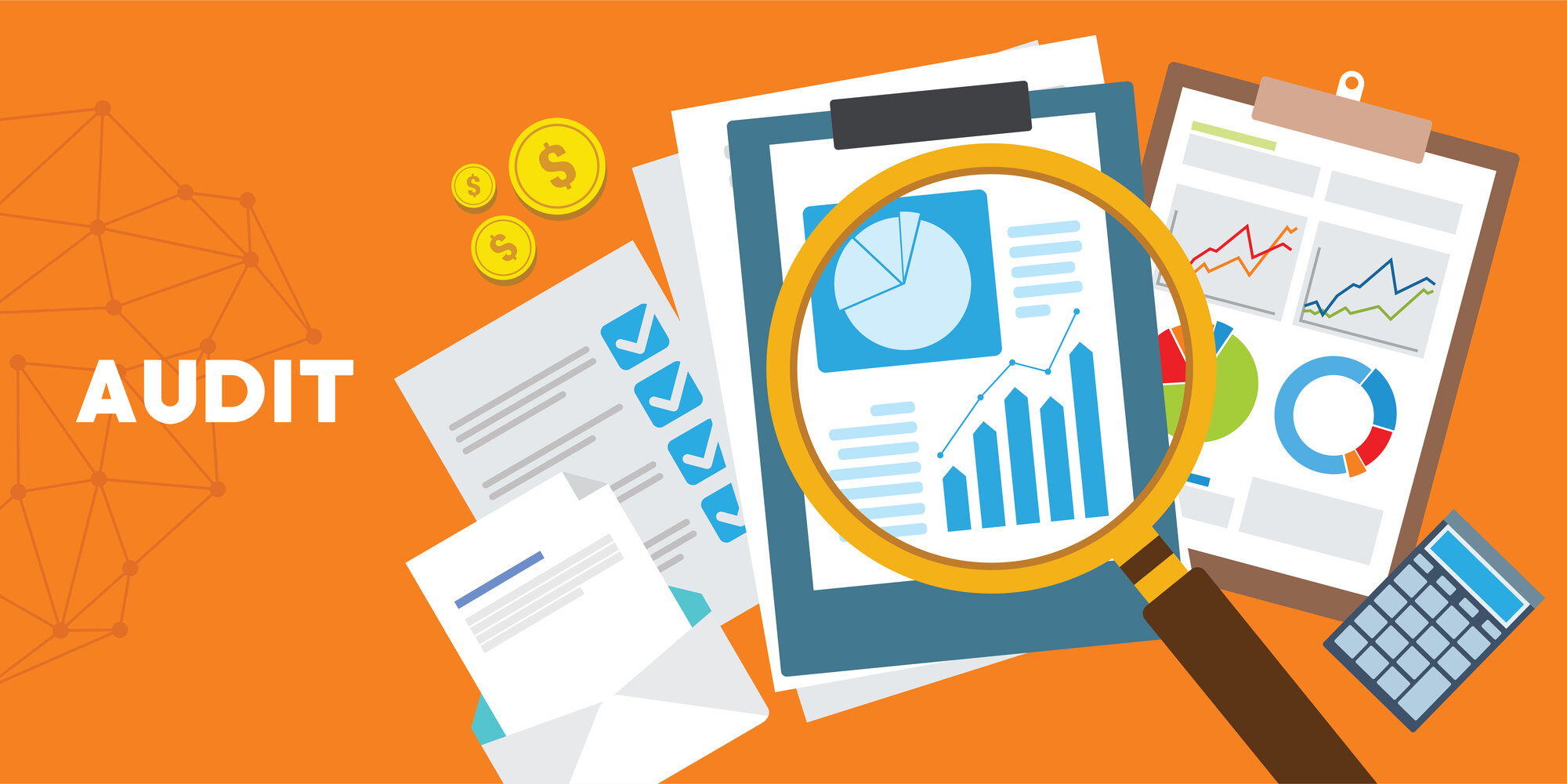 The word "audit" surrounded by papers of graphs and charts on clipboards, a calculator, and a magnifying glass