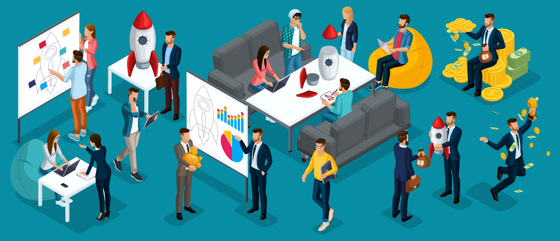 Illustrated people working around an office