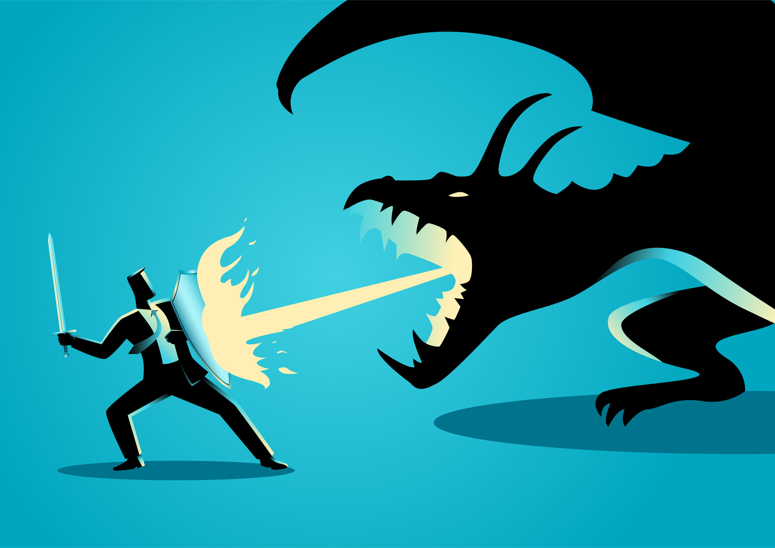 Businessman fighting a fire-breathing dragon