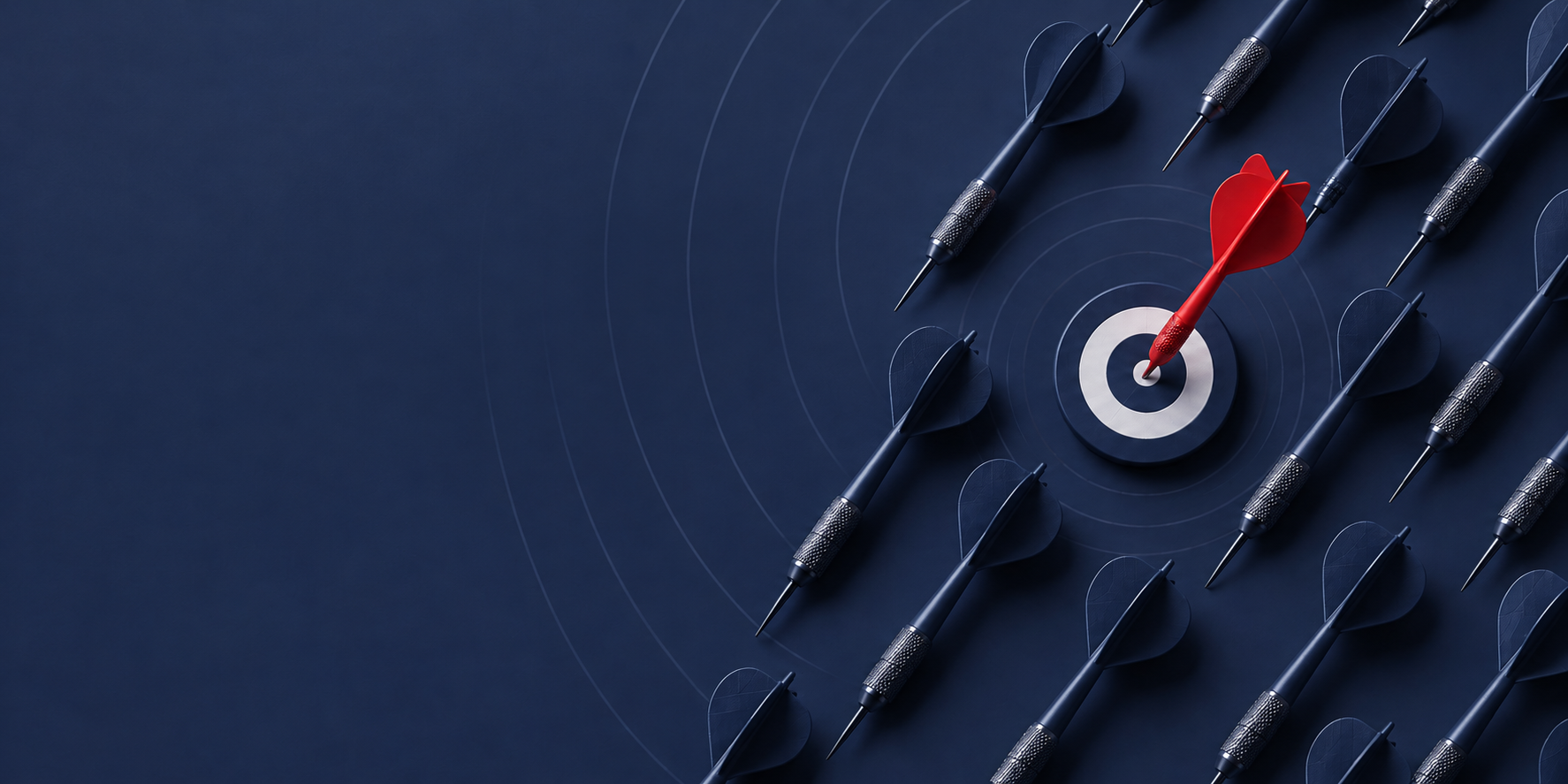 A red dart hits a bullseye among dark darts on a navy background.