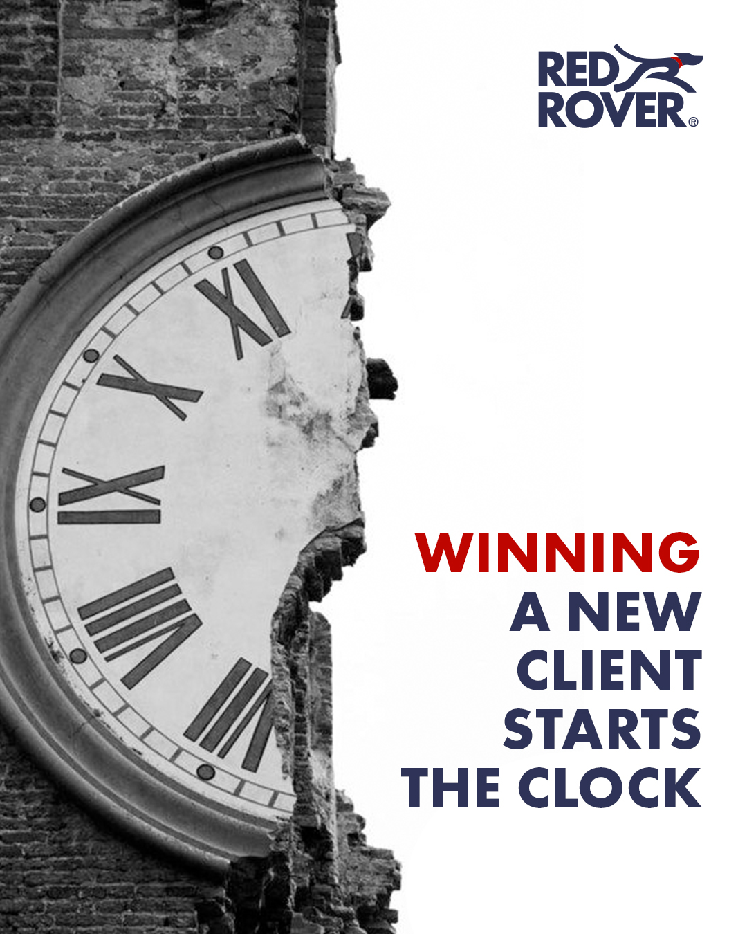 RedRover graphic with a black-and-white clock and the headline “Winning a new client starts the clock.”